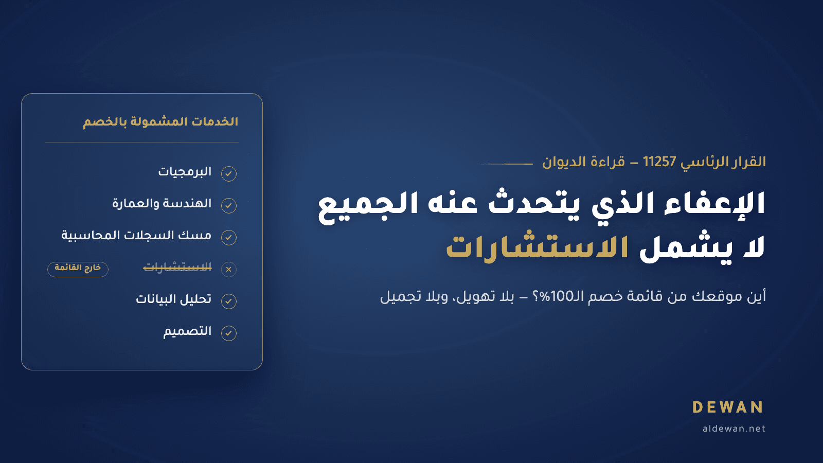 غلاف مقال الديوان: إعفاء تصدير الخدمات في تركيا (القرار 11257) لا يشمل الاستشارات — قائمة الخدمات المشمولة بالخصم والاستشارات خارجها